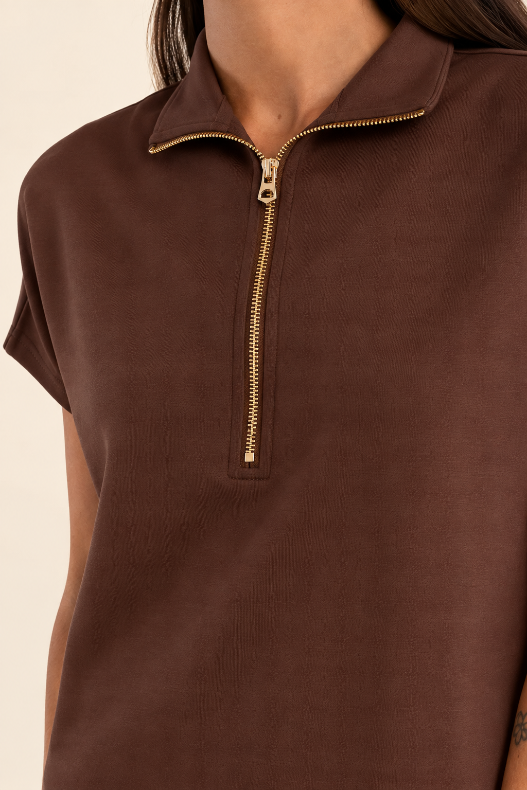 Sleeveless Quarter Zip Sweatshirt in chocolate by Molly Bracken