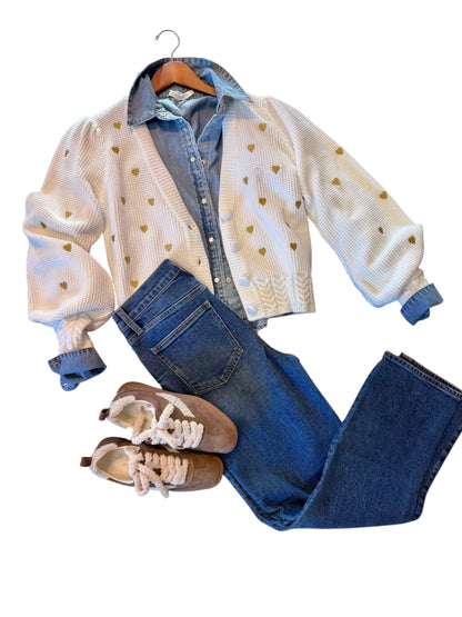 Gold Hearts Piper Cardigan in ivory/gold by Allison