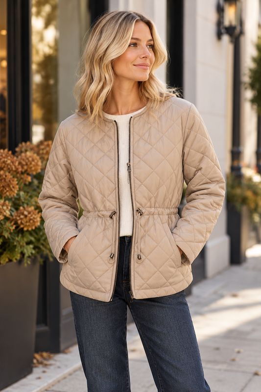 Cinched Waist Puffer Jacket in taupe by J.Society