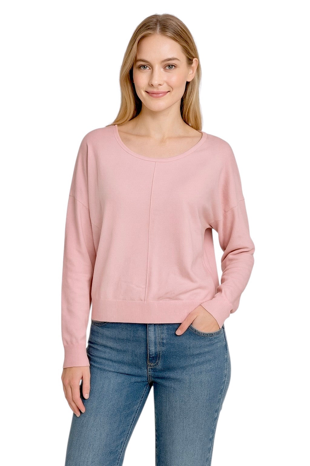 Seam Front Round Neck Pullover in pink quartz by Dreamers