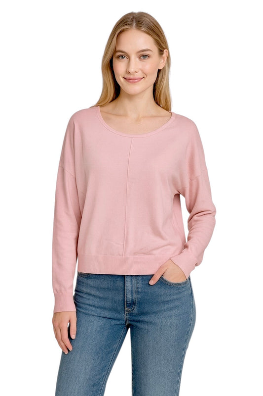 Seam Front Round Neck Pullover in pink quartz by Dreamers