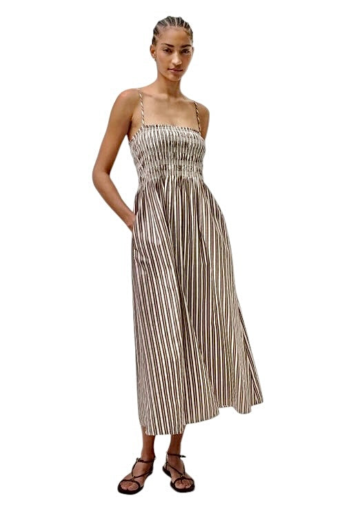 Bianca Shirred Bodice Stripe Dress in java stripe by Pistola