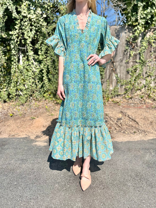 Soleil Flutter Sleeve Maxi Dress in green combo by Fitzroy & Willa