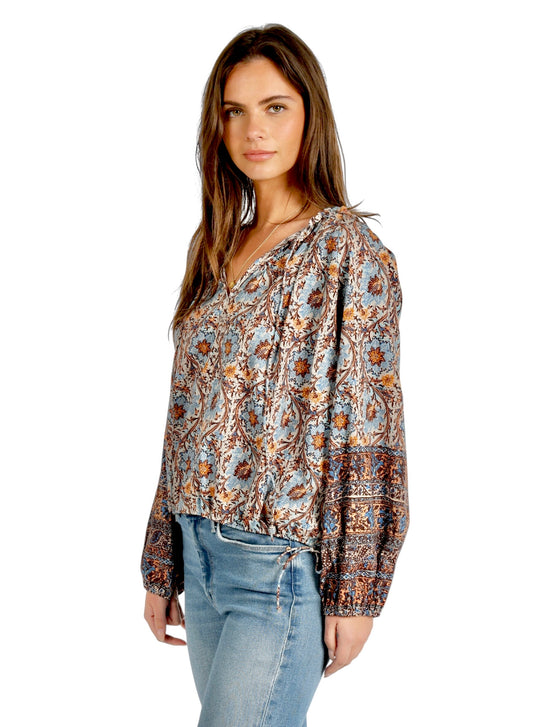 Talia Printed Long Sleeve Blouse in denim/brown by Dylan