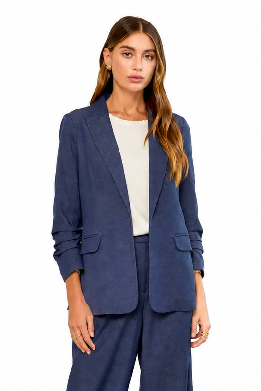 Ruched Sleeve Blazer in dark denim by Skies Are Blue