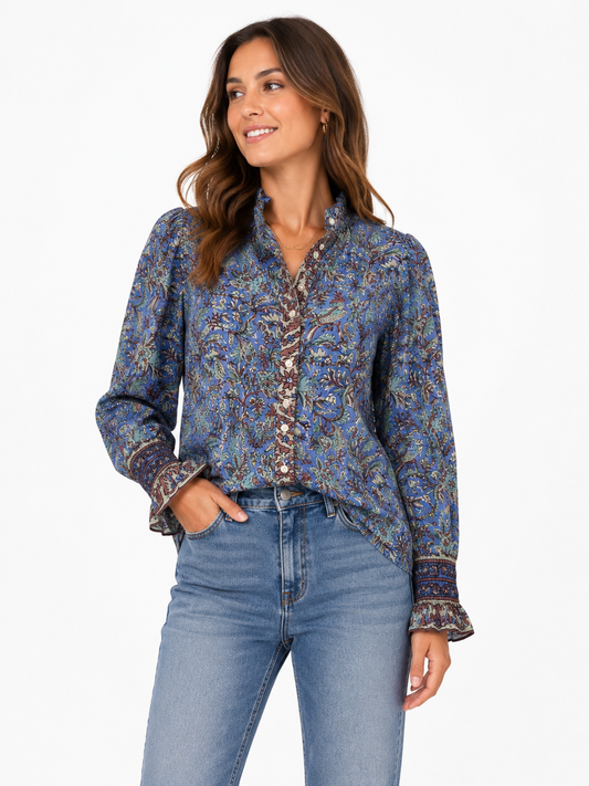 Thursday Longsleeve Top in bird floral blue by La Plage
