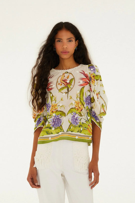 Tropical Scarf Sand Green Blouse in sand by Farm Rio