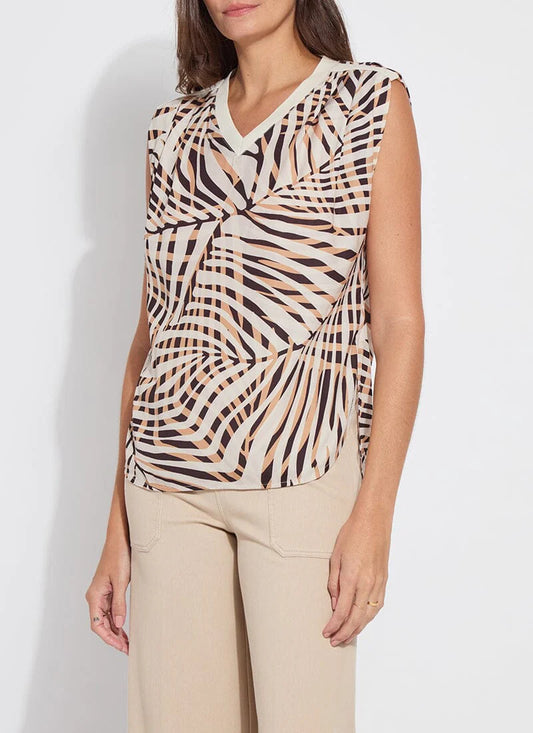 Aura Rib Trim Printed Top in pool side palm by Lysse
