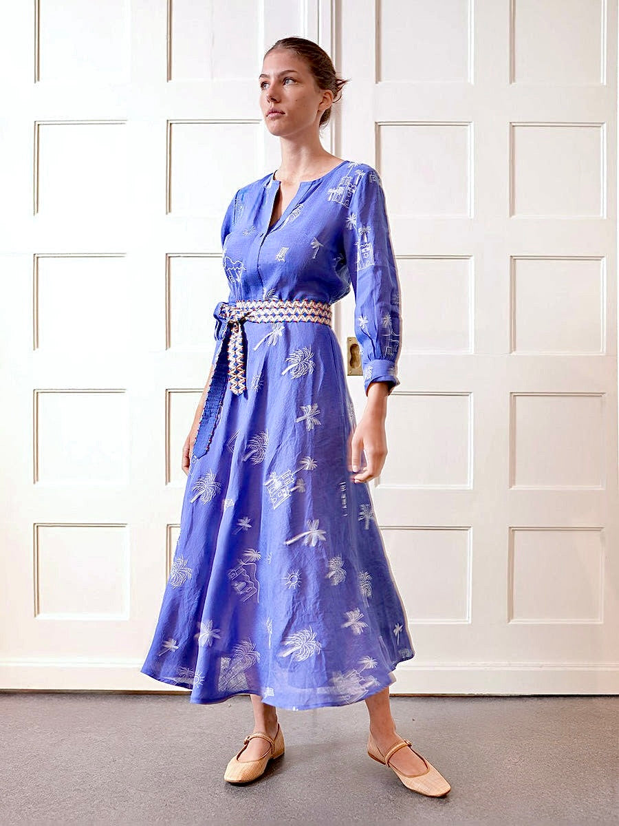 Azurite Maxi Dress in blue village embroidered by Nimo