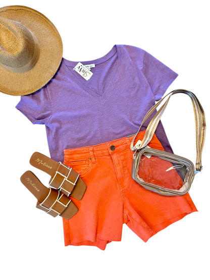 Jane High Rise Long Short with Raw Hem in tangerine by KUT