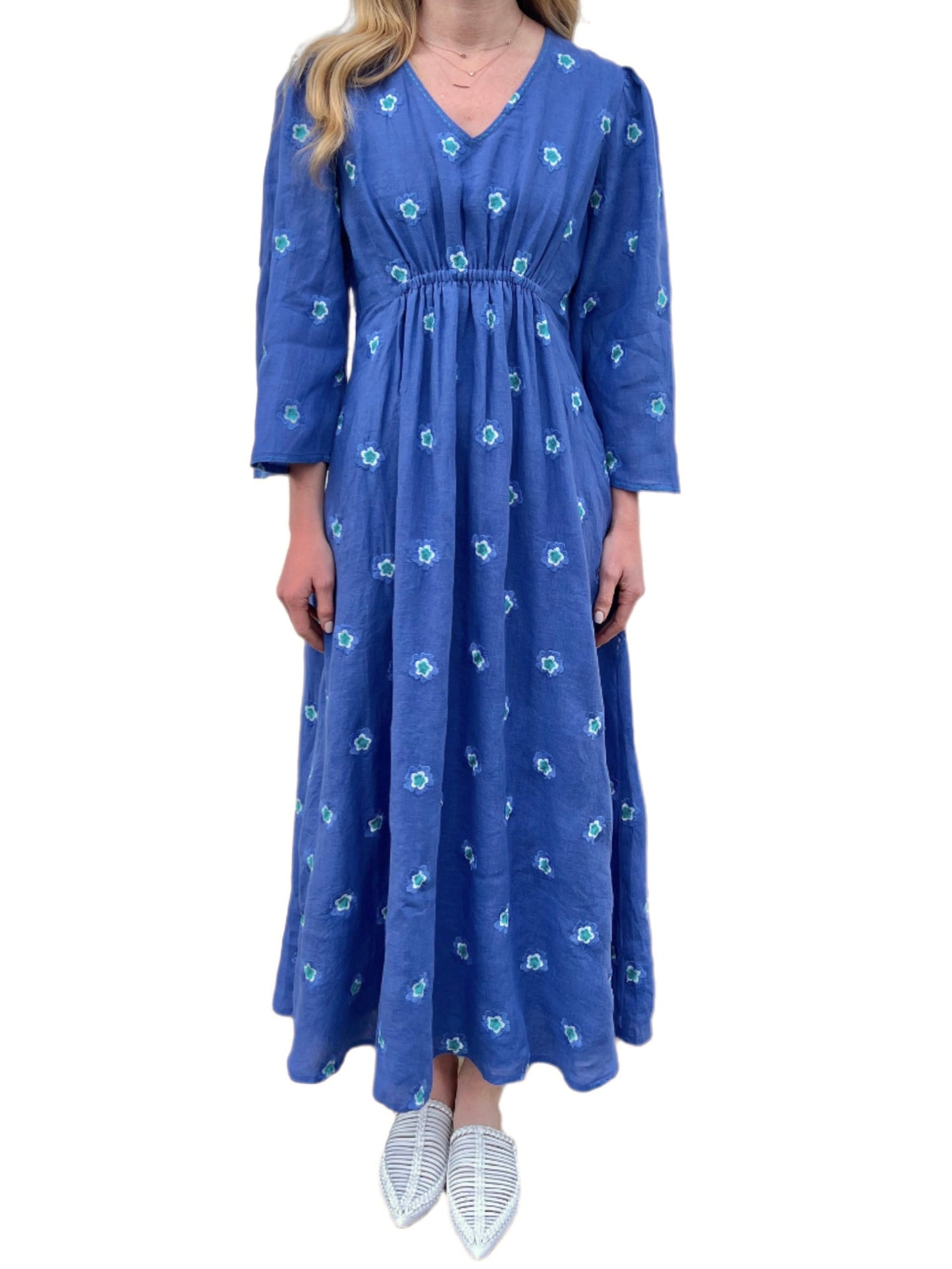 Apple Embroidered Flowers Linen Dress in blue/petrol by Nimo