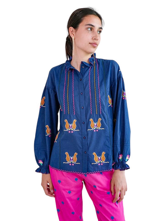 Poppy Sead Blouse in navy/leopard embroidered by Nimo