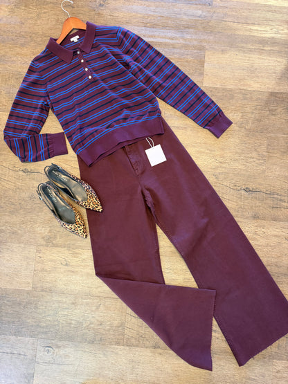 Greta Long Sleeve Stripe Polo Sweater in claret azure by Pistola