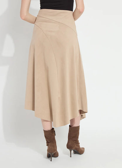 Azalea Asymmetric Hem Vegan Suede Skirt in salted caramel by Lysse