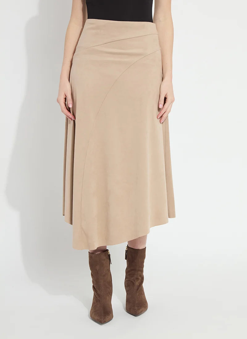 Azalea Asymmetric Hem Vegan Suede Skirt in salted caramel by Lysse