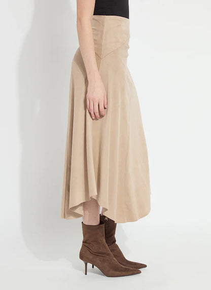 Azalea Asymmetric Hem Vegan Suede Skirt in salted caramel by Lysse