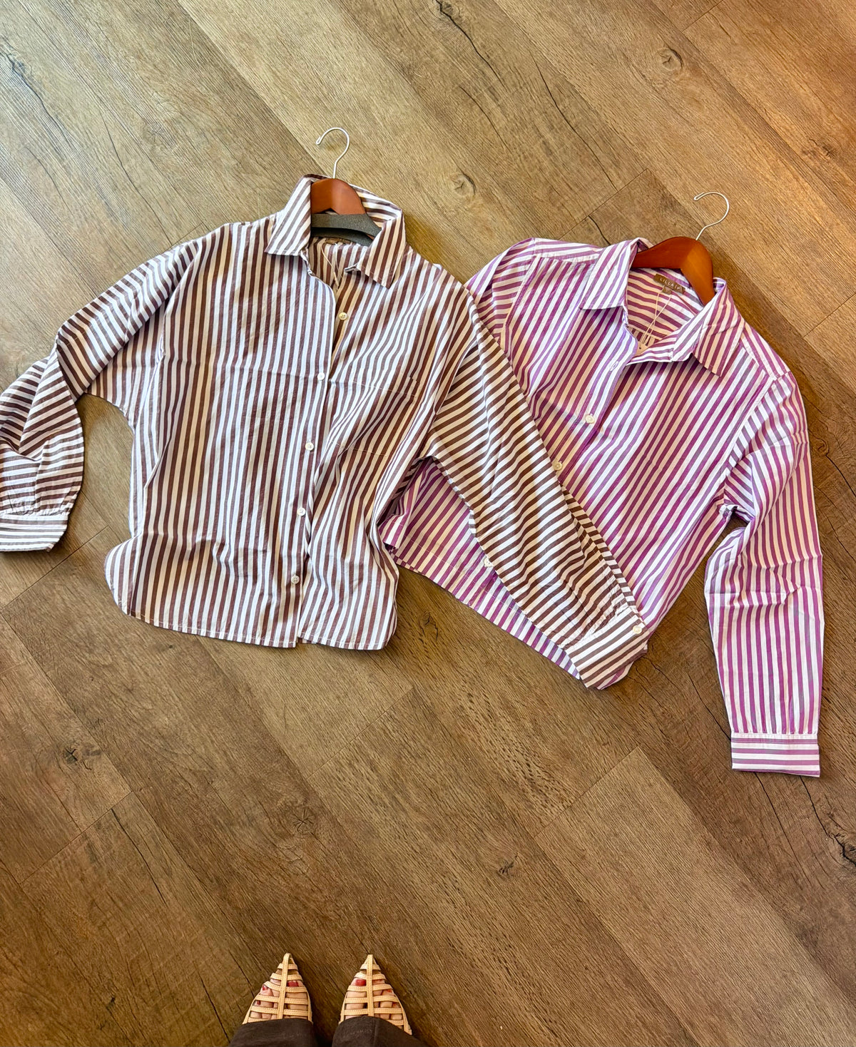 Dolman Sleeve Button Down Shirt in chestnut stripe by Lilla P