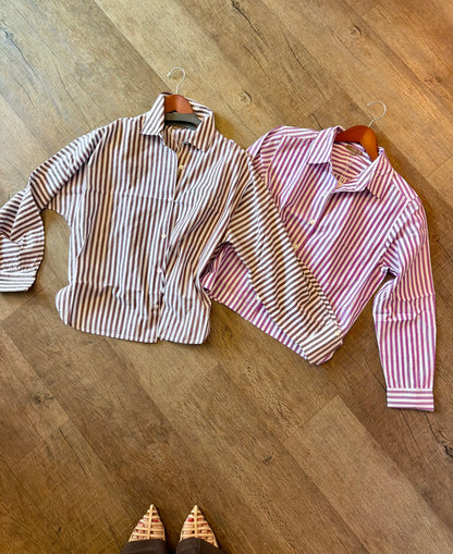 Dolman Sleeve Button Down Shirt in chestnut stripe by Lilla P