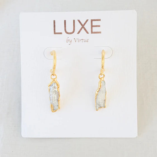 The Lacy Hammered Hoop with Biwa Drop Earring in gold by Virtue