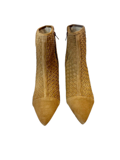 Henrietta Woven Suede Bootie in caramel by Bruno Menegatti
