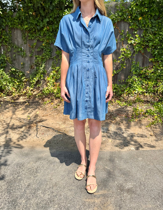 Francesca Dolman Pleated Chambray Dress in secure by KUT