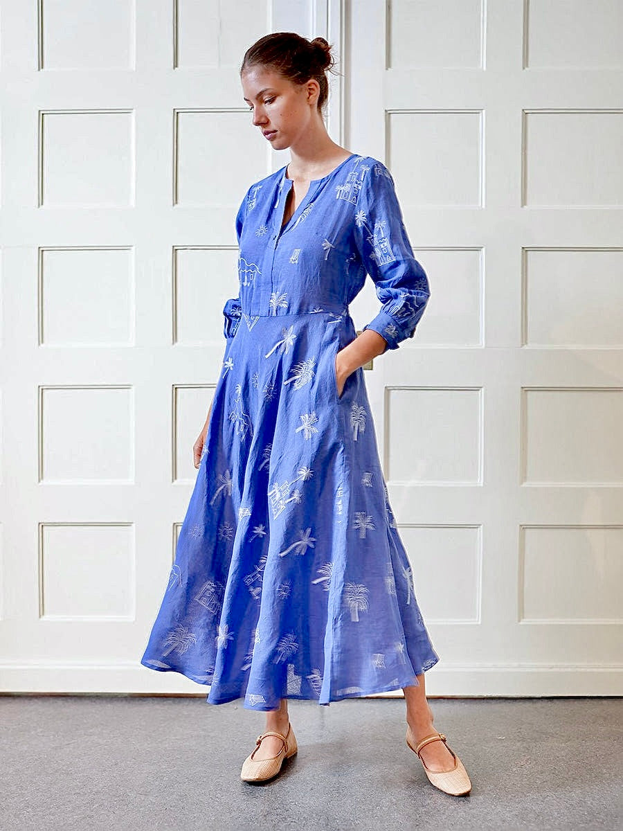 Azurite Maxi Dress in blue village embroidered by Nimo