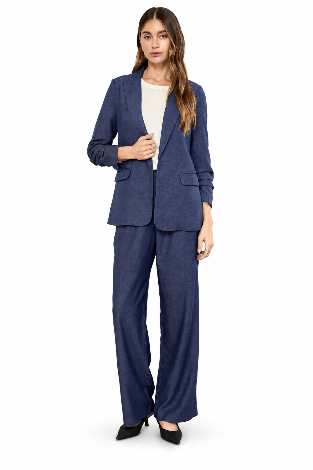 Ruched Sleeve Blazer in dark denim by Skies Are Blue