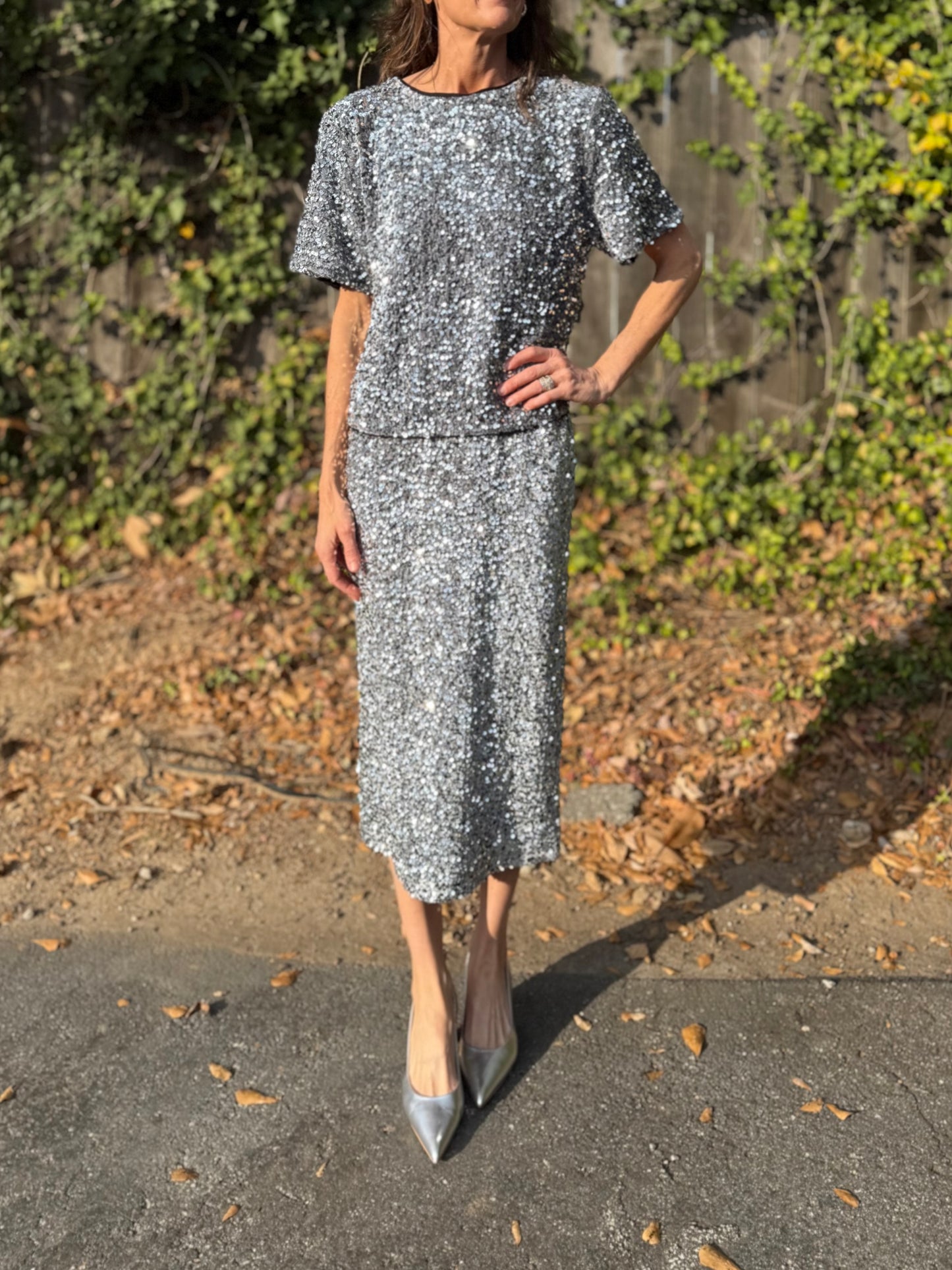 Sequin Short Sleeve Top in silver by Esqualo