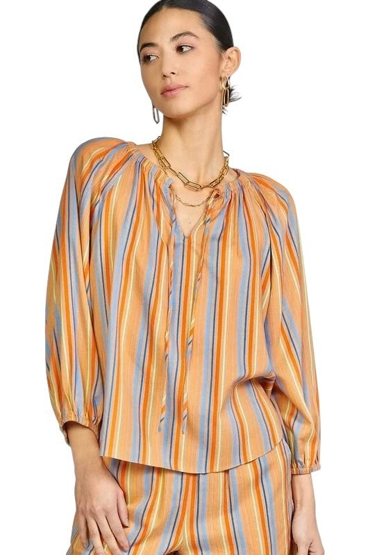 Multi Stripe Round Neck Blouse in brown by Current Air