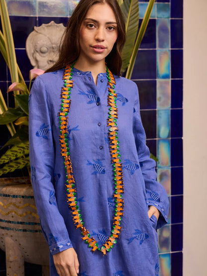 Cedar Kaftan with Fish Embroidery in blue by Nimo