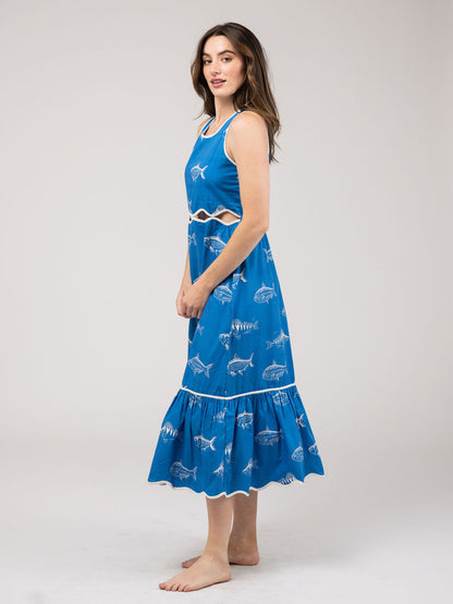 Lina Fish Print Dress in blue by Beau & Ro