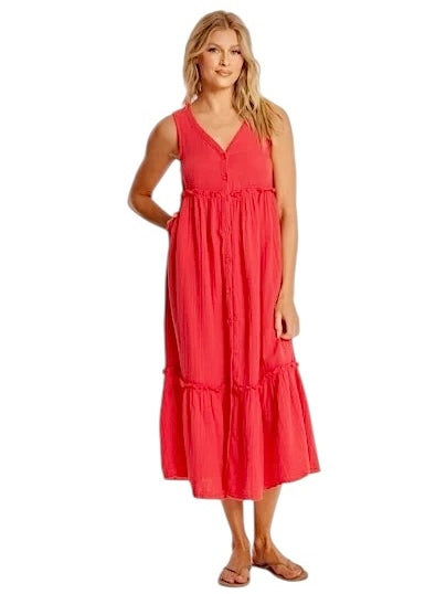 Button Front Tiered Midi Tank Dress in glazed cherry by Mododoc