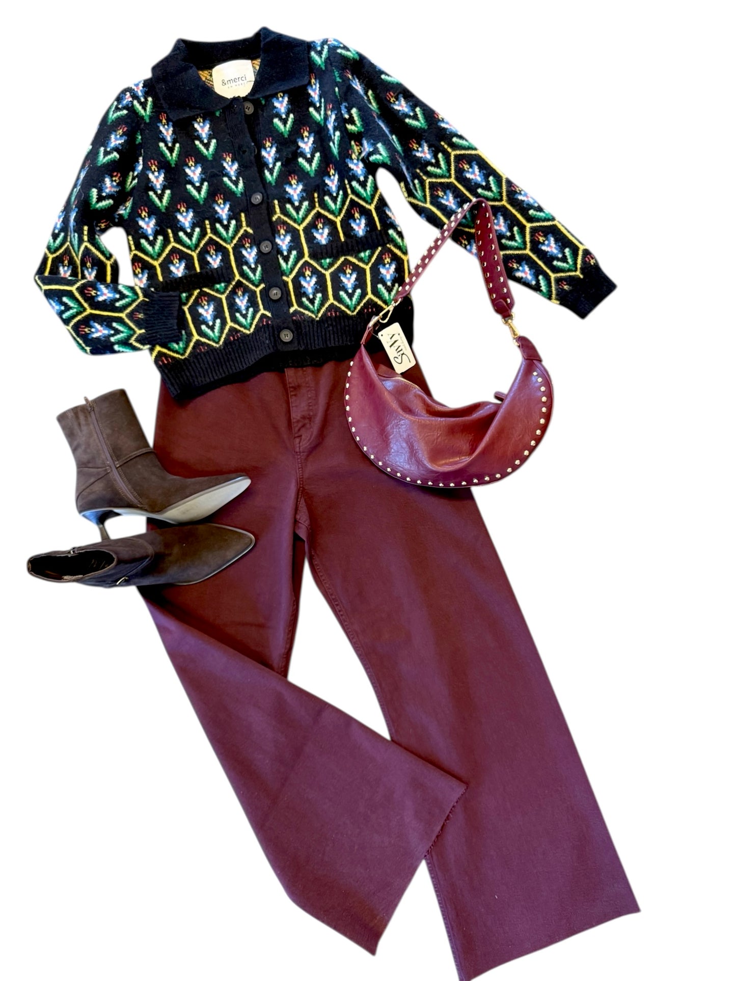 Floral Knit Collared Sweater Cardigan in black multi by &Merci