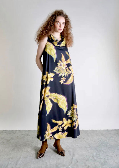 Sleeveless Floral Printed Maxi Dress in gold by Psophia