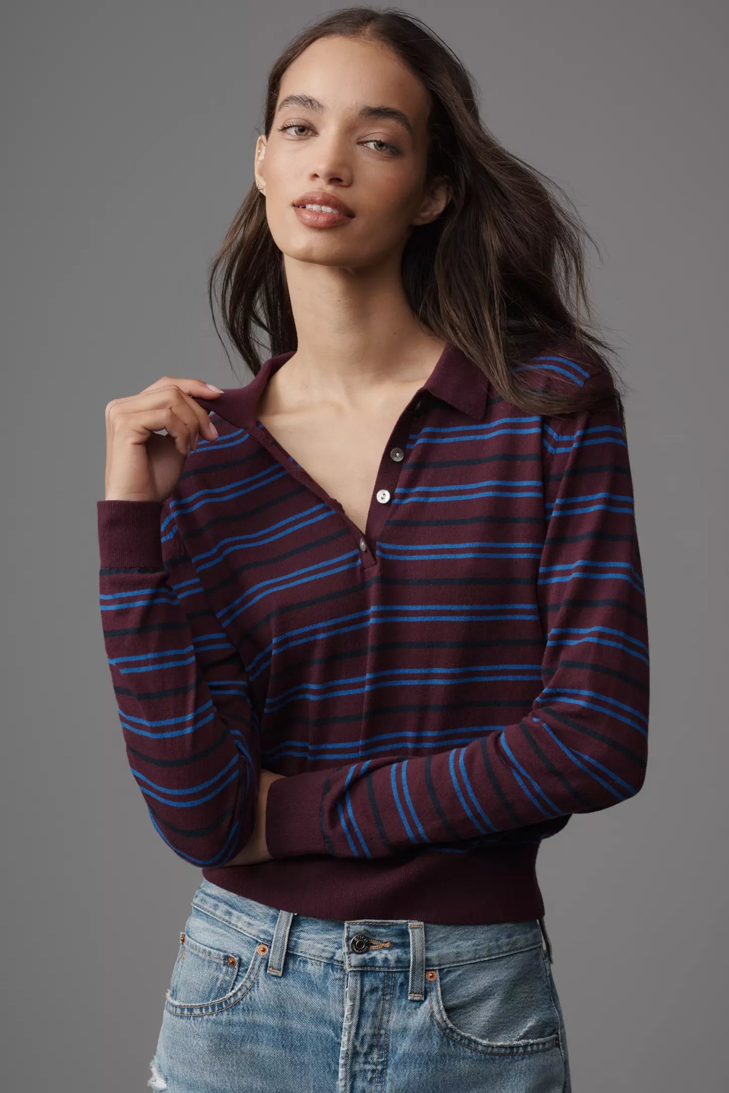 Greta Long Sleeve Stripe Polo Sweater in claret azure by Pistola