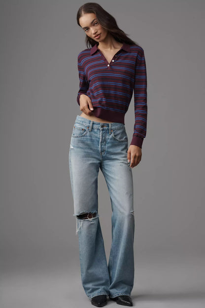 Greta Long Sleeve Stripe Polo Sweater in claret azure by Pistola