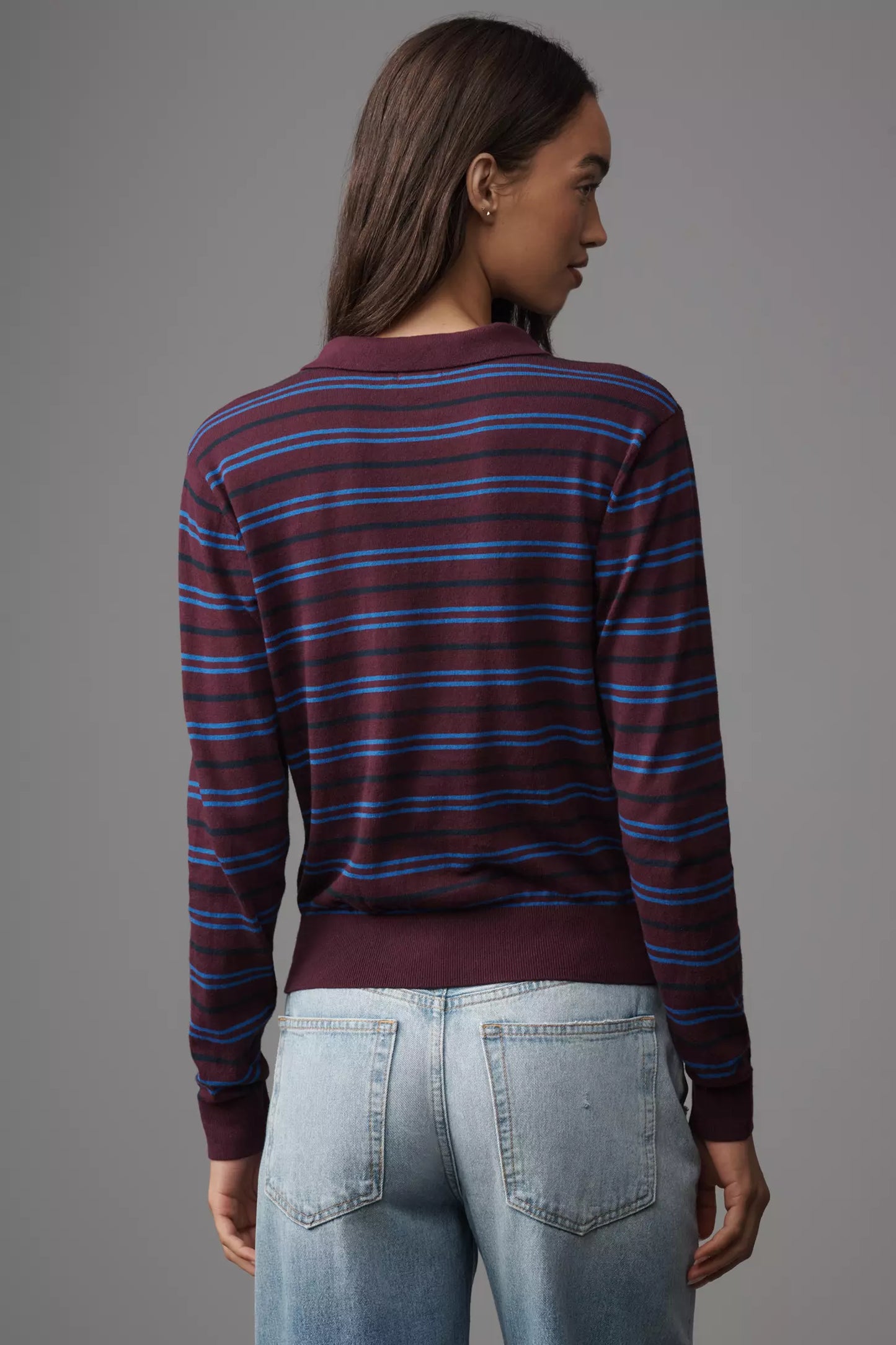 Greta Long Sleeve Stripe Polo Sweater in claret azure by Pistola