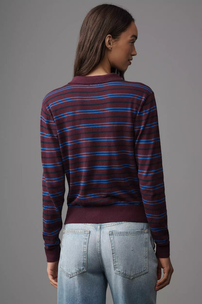 Greta Long Sleeve Stripe Polo Sweater in claret azure by Pistola