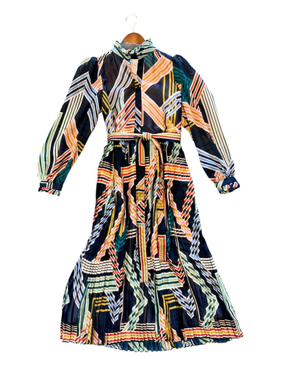Geo Print Midi Dress with Pleated Skirt in multi by Stellah