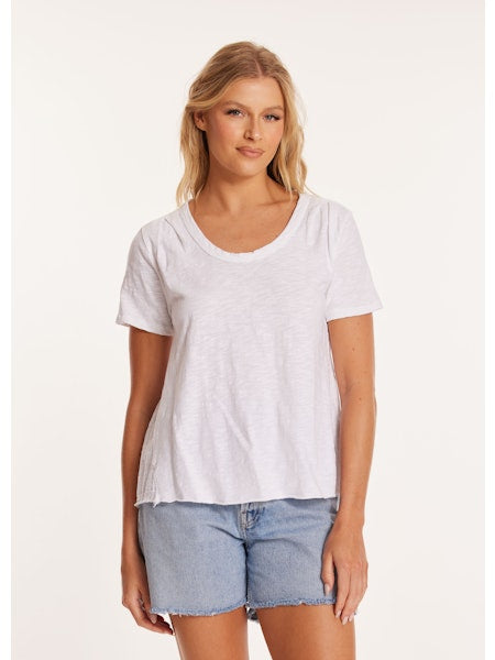 Short Sleeve Pleated Shoulder Tee in white by Mododoc