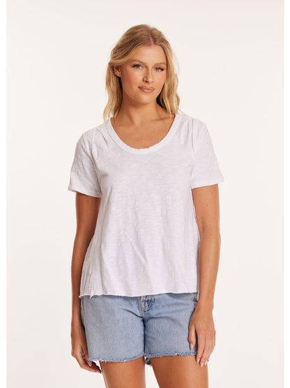 Short Sleeve Pleated Shoulder Tee in white by Mododoc