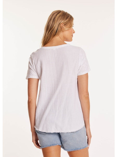 Short Sleeve Pleated Shoulder Tee in white by Mododoc