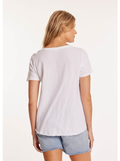 Short Sleeve Pleated Shoulder Tee in white by Mododoc