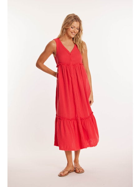 Button Front Tiered Midi Tank Dress in glazed cherry by Mododoc