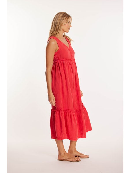 Button Front Tiered Midi Tank Dress in glazed cherry by Mododoc