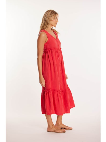 Button Front Tiered Midi Tank Dress in glazed cherry by Mododoc
