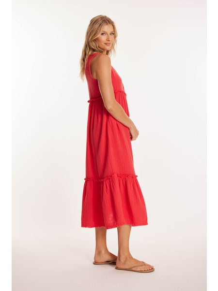 Button Front Tiered Midi Tank Dress in glazed cherry by Mododoc
