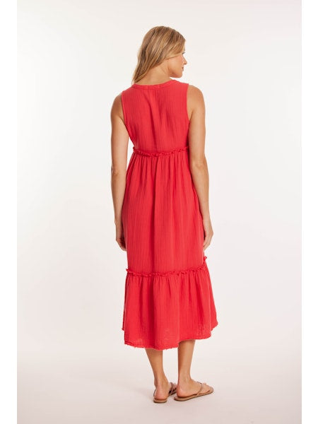 Button Front Tiered Midi Tank Dress in glazed cherry by Mododoc