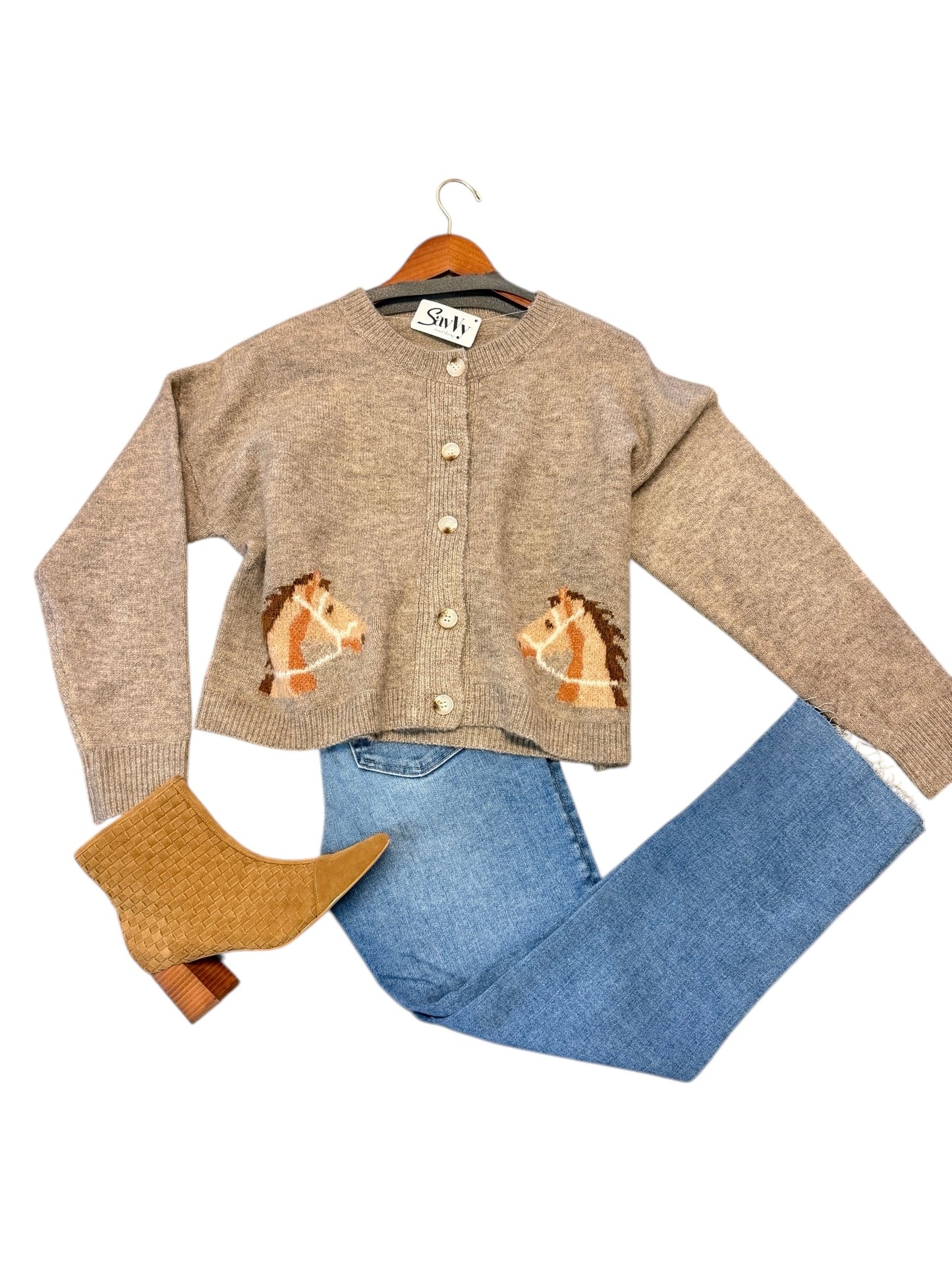 Horse Print Button Up Cardigan in mocha by Dreamers