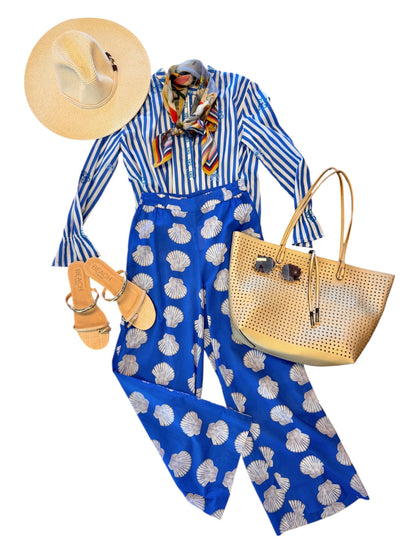 Broom Stripe Blouse with Flower Embroidery in blue by Nimo